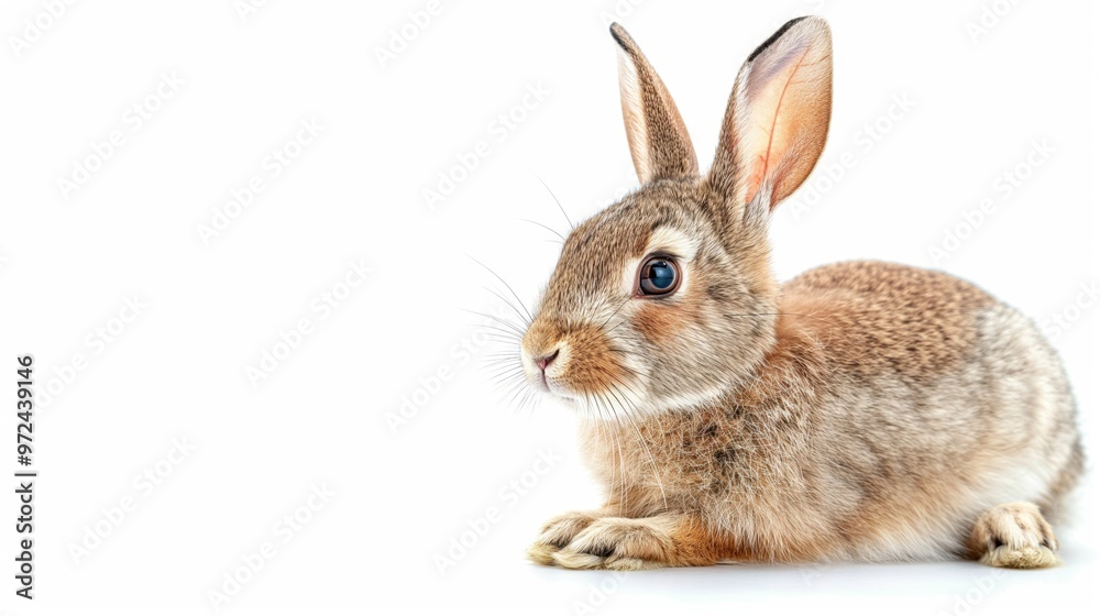 Brown hare (Lepus europaeus) isolated on white background. Baby hare. Rabbit on white background. Wild herbivore. Wildlife. Mammals. Rodent