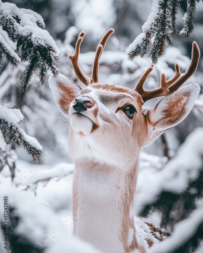 Snow Laden Branches Bending to Frame a Curious Deer Peering Upwards photo