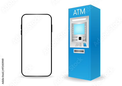 ATM Machine and Smartphone. Internet Banking and Online Payment Concept. Vector Illustration.