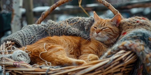 Red feline relaxing in a woven basket amidst yarn and a wintry backdrop.