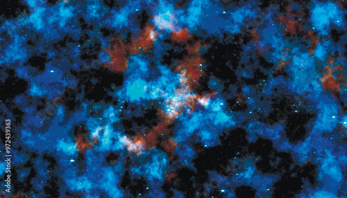 Galaxy exploration, outer space, milky way. Nebulae, clouds and clear starry sky. Black emptiness of space with clouds, stars. Galaxy in space with stars. Vector illustration