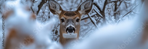 Snow Laden Branches Bending to Frame a Curious Deer Peering Upwards photo