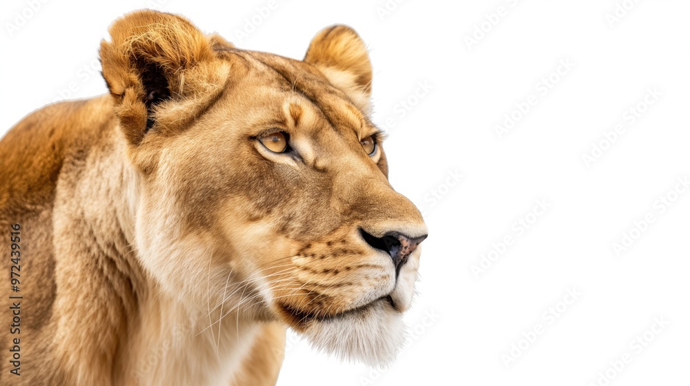 Lioness on a white background. Cat family. Wildlife. Predatory animal. Mammals. Lioness on a white background. Cat family. Wildlife. Predatory animal. Mammals.