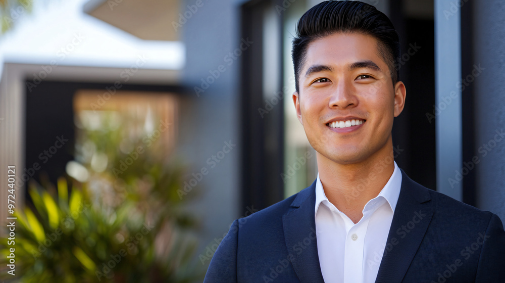 Confident young professional in a sharp suit is beaming outside a modern office building, epitomizing success and drive in the corporate world Confident young professional in a sharp suit is beaming outside a modern office building, epitomizing success and drive in the corporate world