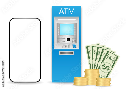 ATM Machine and Smartphone. Internet Banking and Online Payment Concept. Vector Illustration.