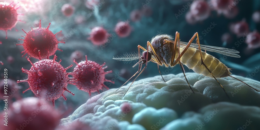 Mosquito on a cell, red viruses in background. Mosquito on a cell, red viruses in background.