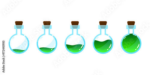 Set of glass bottles. Different colors potion flat style on white background. Vector illustration. Design elements for game collection.