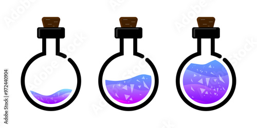 Set of glass bottles. Different colors potion flat style on white background. Vector illustration. Design elements for game collection.