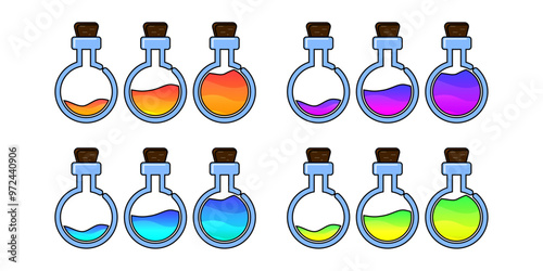 Set of glass bottles. Different colors potion flat style on white background. Vector illustration. Design elements for game collection.