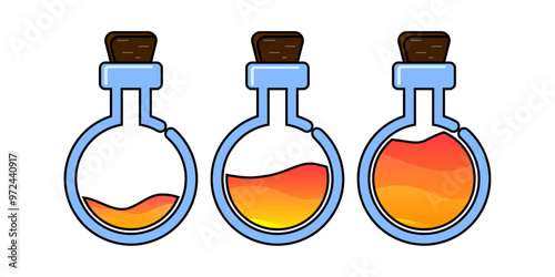 Set of glass bottles. Different colors potion flat style on white background. Vector illustration. Design elements for game collection.