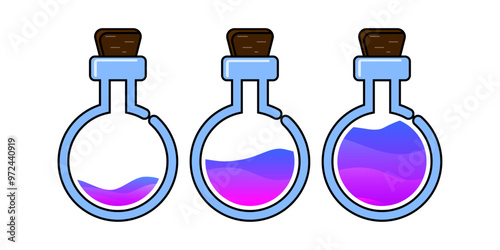Set of glass bottles. Different colors potion flat style on white background. Vector illustration. Design elements for game collection.