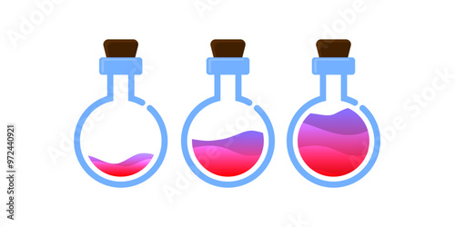 Set of glass bottles. Different colors potion flat style on white background. Vector illustration. Design elements for game collection.