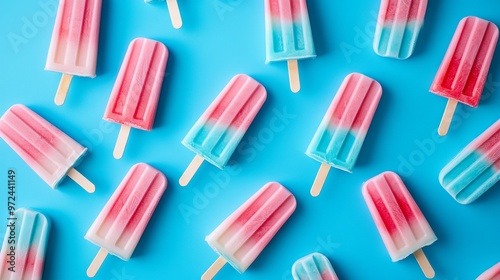 Colorful pink and blue popsicles on a vibrant blue background, top view flat lay composition