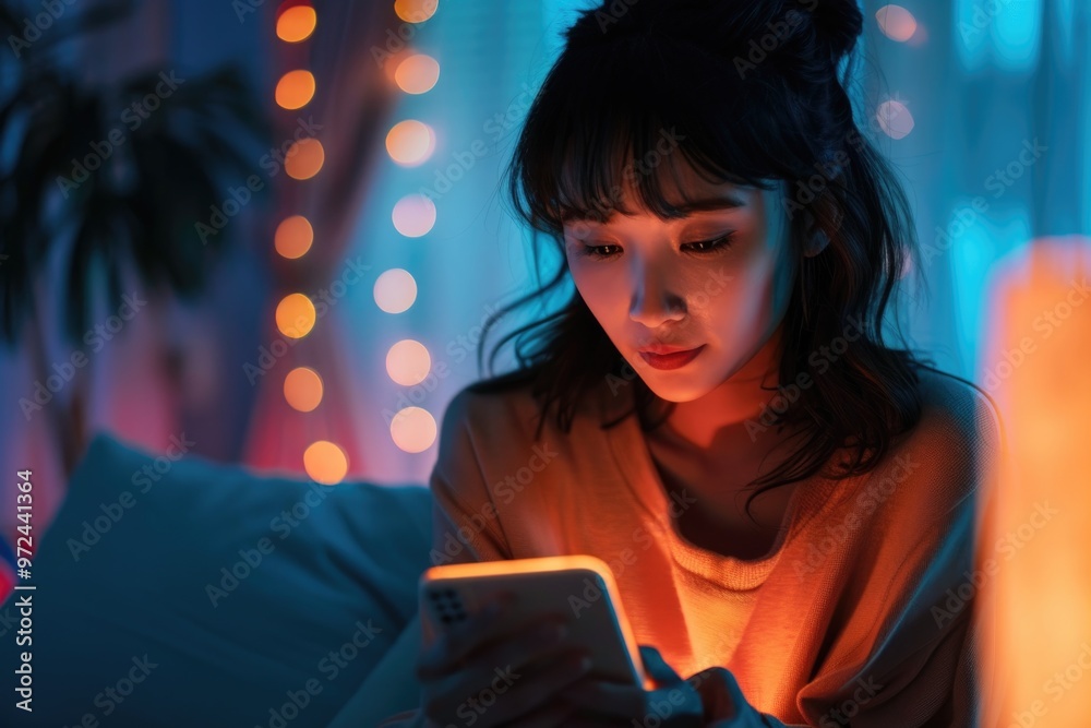 Young Woman Using Smartphone at Night with Cozy and Colorful Bokeh Lights Young Woman Using Smartphone at Night with Cozy and Colorful Bokeh Lights
