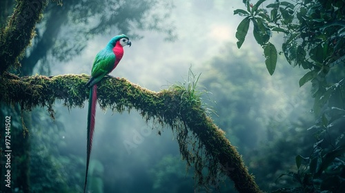 Resplendent quetzal bird perched on a moss-covered branch in a misty tropical rainforest photo