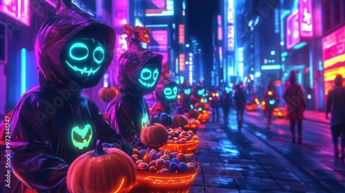 Vibrant Halloween scene with glowing pumpkins and playful costumes in a neon-lit street. Perfect for festive themes and spooky vibes.