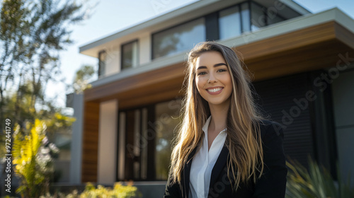 Real estate agent smiling in front of a modern single family home on a sunny day