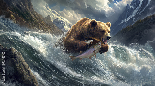 A strong big bear capturing fish in a waterfall photo