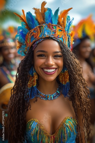 Smiling caribbean woman in colorful costume celebrating cultural festival outdoors during the day