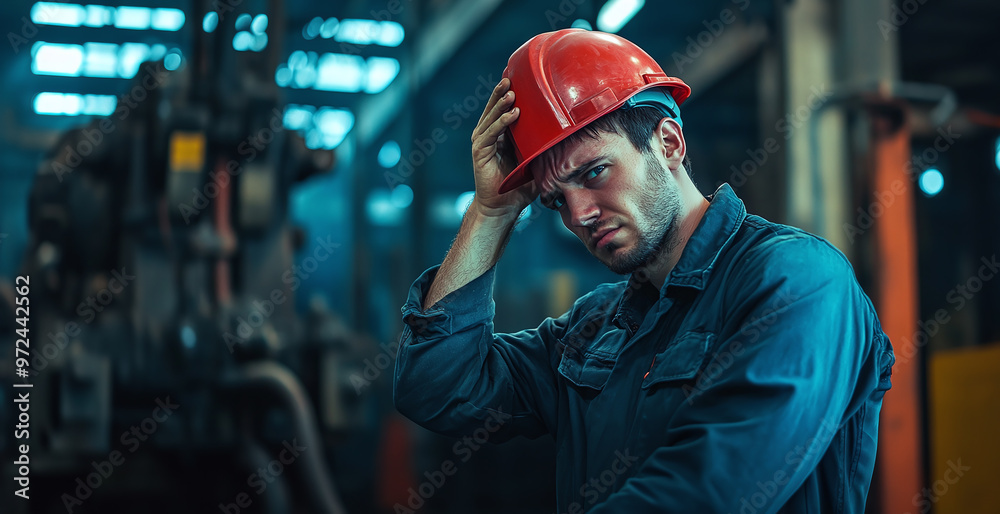 fatigue, muscle pain, engineer, worker, hard work, male staff in a heavy industry factory fatigue, muscle pain, engineer, worker, hard work, male staff in a heavy industry factory