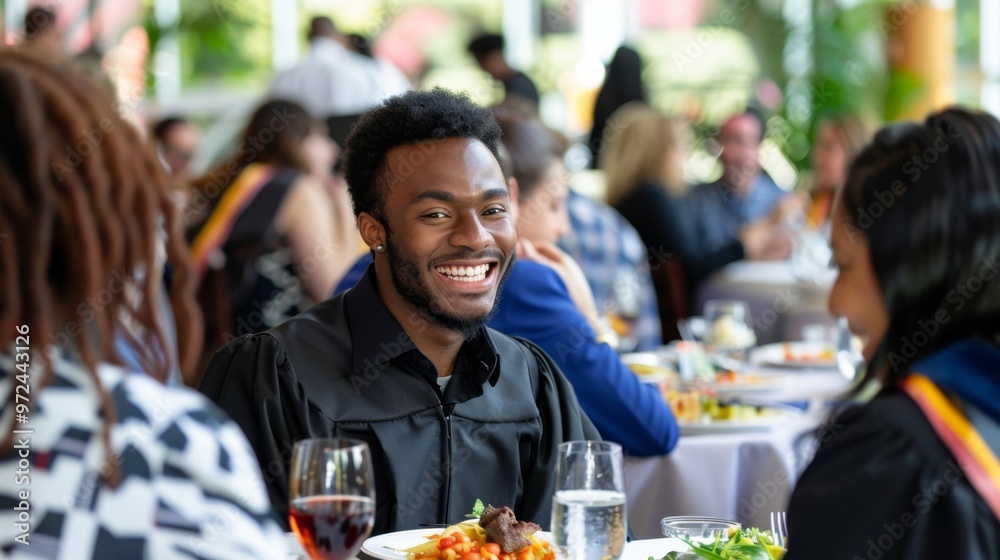 Graduate enjoying a celebratory meal or gathering with loved ones after the ceremony Graduate enjoying a celebratory meal or gathering with loved ones after the ceremony