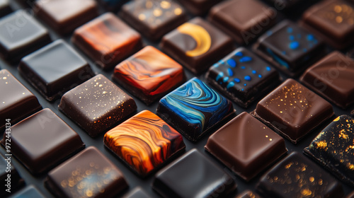 A close-up of handcrafted chocolate candies with artistic painting. Each candy has a unique design with sparkling details and colorful patterns