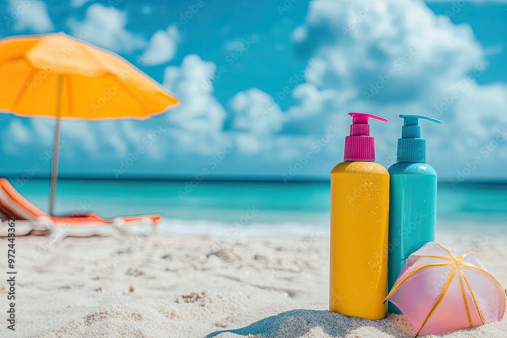 Sunscreen bottle on sandy beach with umbrella and blue sky background. Summer vacation concept Sunscreen bottle on sandy beach with umbrella and blue sky background. Summer vacation concept