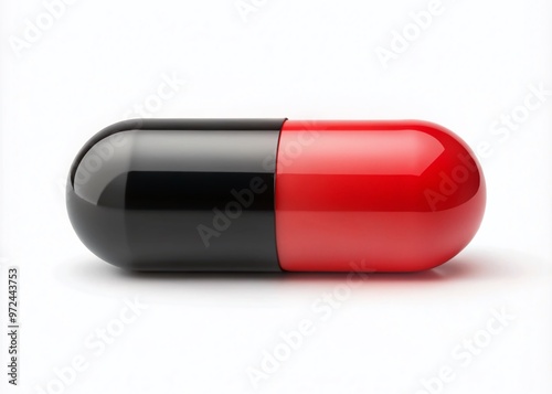 A single red and black capsule pill isolated on a white background, with a subtle shadow and gentle photo