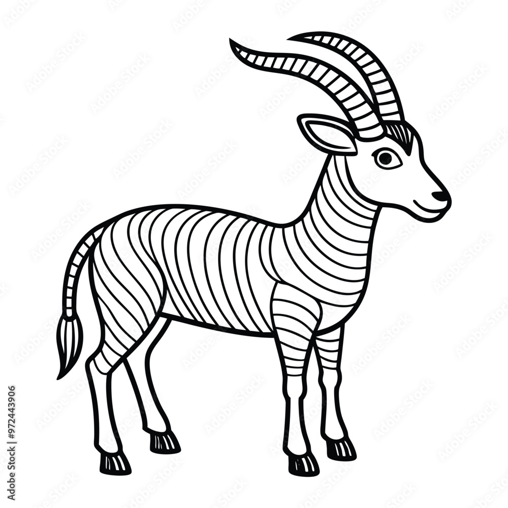 line drawing, stylized antelope, zebra-like stripes, curled horns, side view, black and white illustration, simplified design, tribal art style, symmetrical patterns, wildlife sketch, minimalist anima line drawing, stylized antelope, zebra-like stripes, curled horns, side view, black and white illustration, simplified design, tribal art style, symmetrical patterns, wildlife sketch, minimalist anima