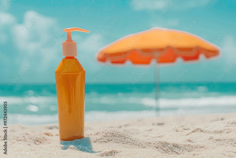 Sunscreen bottle on sandy beach with umbrella and blue sky background. Summer vacation concept Sunscreen bottle on sandy beach with umbrella and blue sky background. Summer vacation concept