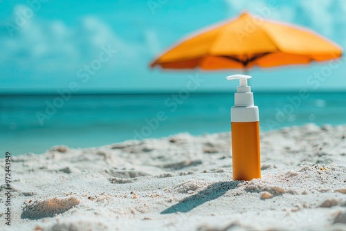 Sunscreen bottle on sandy beach with umbrella and blue sky background. Summer vacation concept