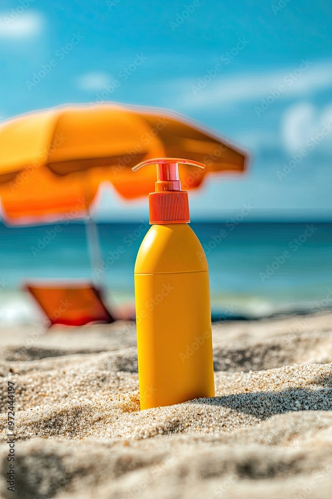 Sunscreen bottle on sandy beach with umbrella and blue sky background. Summer vacation concept Sunscreen bottle on sandy beach with umbrella and blue sky background. Summer vacation concept