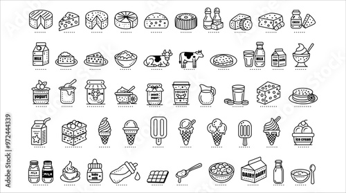 Various dairy product icons including milk, cheese, yogurt, and ice cream in a minimalist style on a white background. Concept of dairy items. Vector illustration