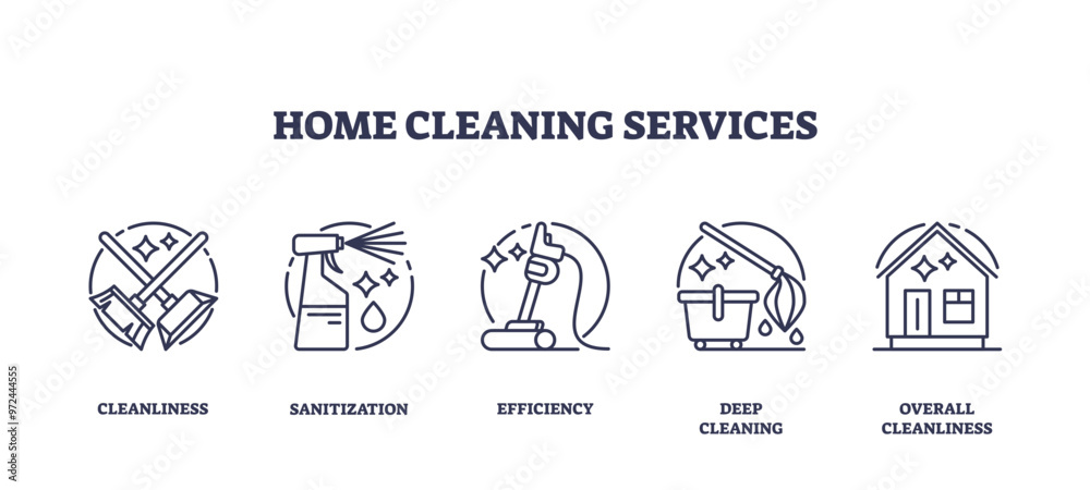 Home cleaning services with professional sanitization outline collection set, transparent background. Labeled elements with efficient deep cleaning for overall cleanliness results illustration. Home cleaning services with professional sanitization outline collection set, transparent background. Labeled elements with efficient deep cleaning for overall cleanliness results illustration.