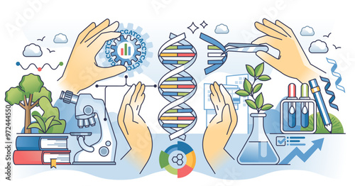 Genetic engineering and DNA helix genome sequencing outline hands concept, transparent background. Change protein structure with gene editing technology for manipulation.