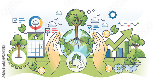 Green accounting and corporate business sustainability outline hands concept, transparent background. Environmental impact costs calculation.