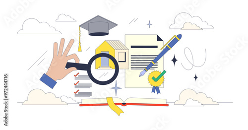 Real estate continuing education and tendencies study neubrutalism concept, transparent background. Learning housing market value, legal documentation and development to be professional agent.
