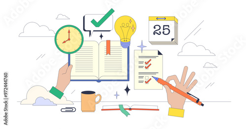 Study habits for effective and productive work tiny neubrutalism concept, transparent background. Strategy for focused education process without distractions illustration.
