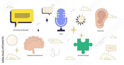 Speech therapy for kids with speaking and writing issues tiny neubrutalism collection, transparent background. Labeled elements with spreading the message, voice.