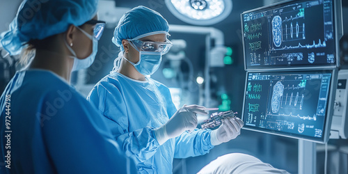 Two surgeons monitor a patient using a high-precision programmable automated robotic arm in a high-tech hospital. Robotic limbs perform complex nanosurgery as doctors look at vital organs on a monitor photo