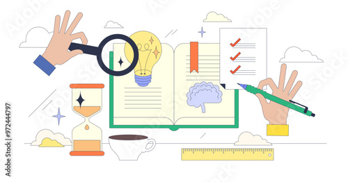 Study techniques as strategy for effective learning tiny neubrutalism concept, transparent background.Educational approach with productivity from learning process tactics illustration.
