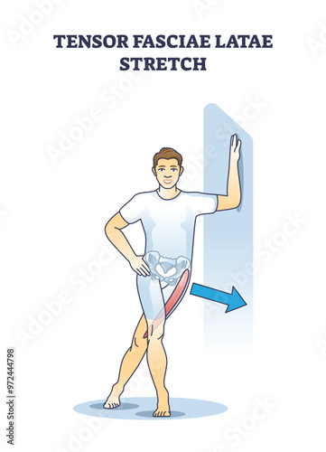 Tensor fasciae latae stretch for muscle physical flexibility outline diagram, transparent background. Labeled medical explanation.