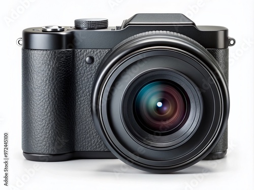 A sleek black camera with a metallic shutter release button and adjustable lens, isolated on a white background photo