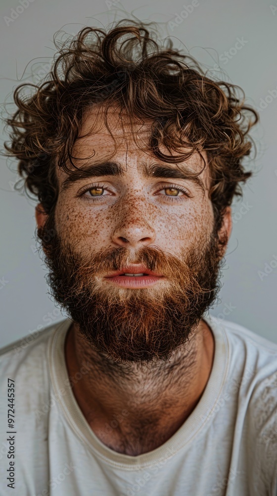 Close-up of a young man with freckles, ginger hair, and a beard, facing the camera with a serious expression Close-up of a young man with freckles, ginger hair, and a beard, facing the camera with a serious expression