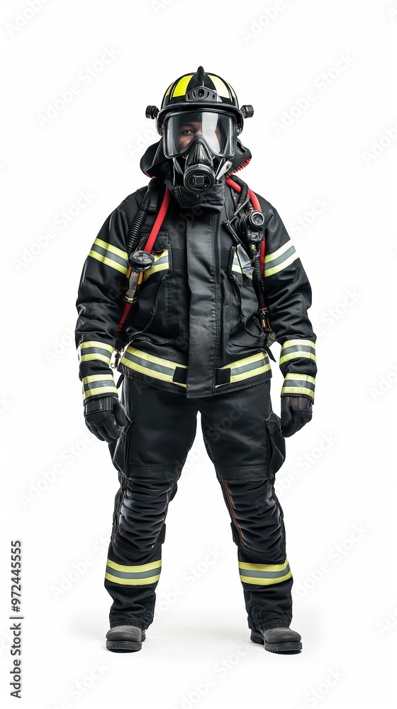 Male rescuer, firefighter in protective suit in full length holding helmet in hands isolated on white background Male rescuer, firefighter in protective suit in full length holding helmet in hands isolated on white background