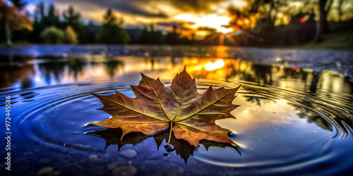 Autumn leaf floating on water at dusk, HDR