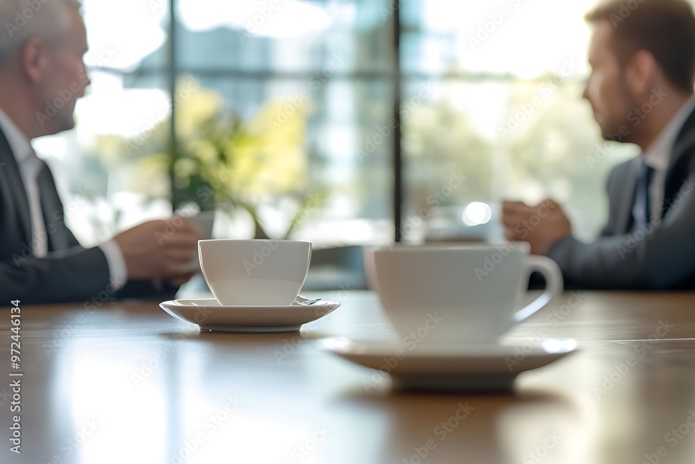 Close Up of Two Coffee Cups on a Wooden Table. Office Meeting Break Close Up of Two Coffee Cups on a Wooden Table. Office Meeting Break