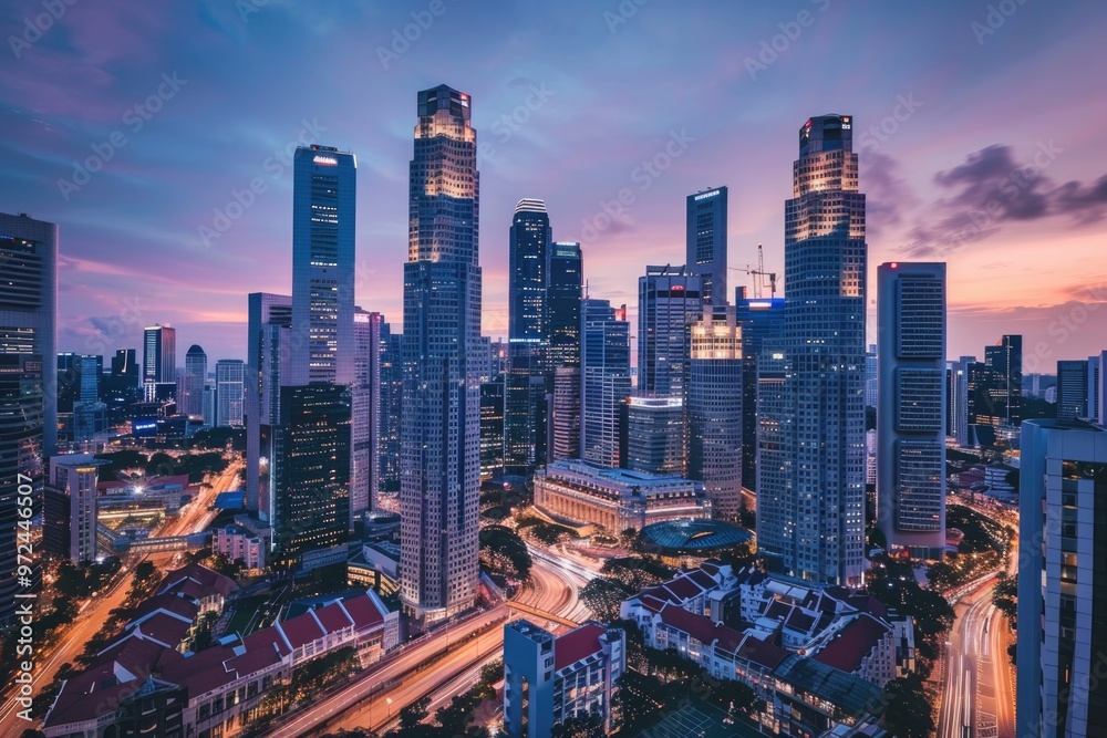 Naklejka premium Modern Skyscrapers Reflecting Vibrant Sunset in Urban Landscape