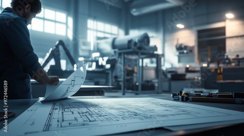 Industrial Engineer Reviewing Blueprint in Factory