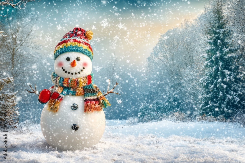 Fototapeta premium A cheerful snowman stands in a winter wonderland. Snowflakes gently fall around it. The scene is vibrant and joyous. Perfect for winter holidays and festive themes. Generative AI